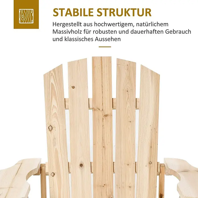 Outsunny Gartenstuhl Adirondack - Tannenholz, Naturholz - Rückenlehne und Armlehne eines Adirondack-Stuhls aus massivem Naturholz, die die stabile Konstruktion hervorheben.
