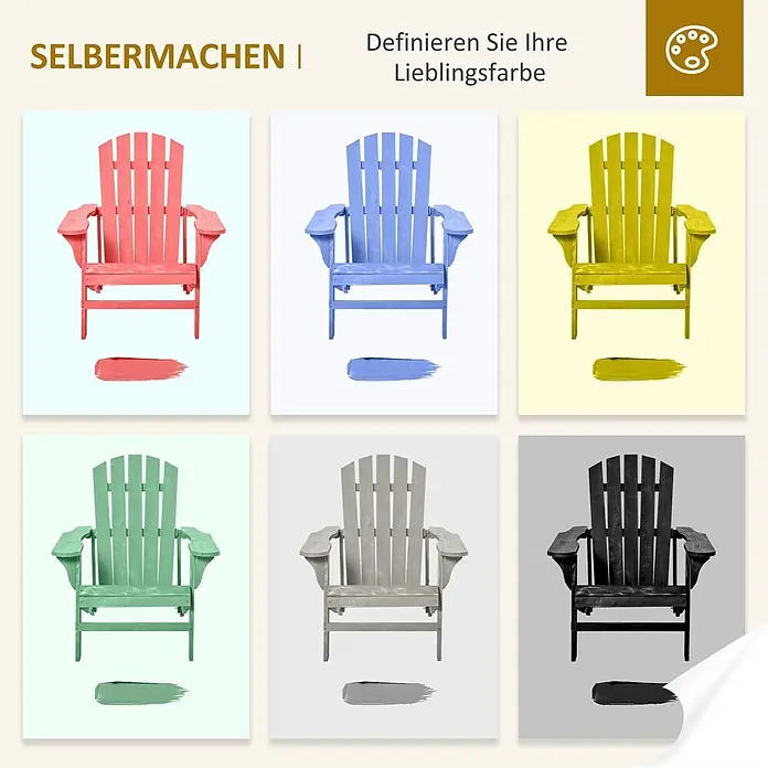 Outsunny Gartenstuhl Adirondack - Tannenholz, Naturholz - Sechs Adirondack-Stühle in Koralle, Blau, Gelb, Minze, Grau, Schwarz, jeweils mit Farbmuster zur Farbauswahl.
