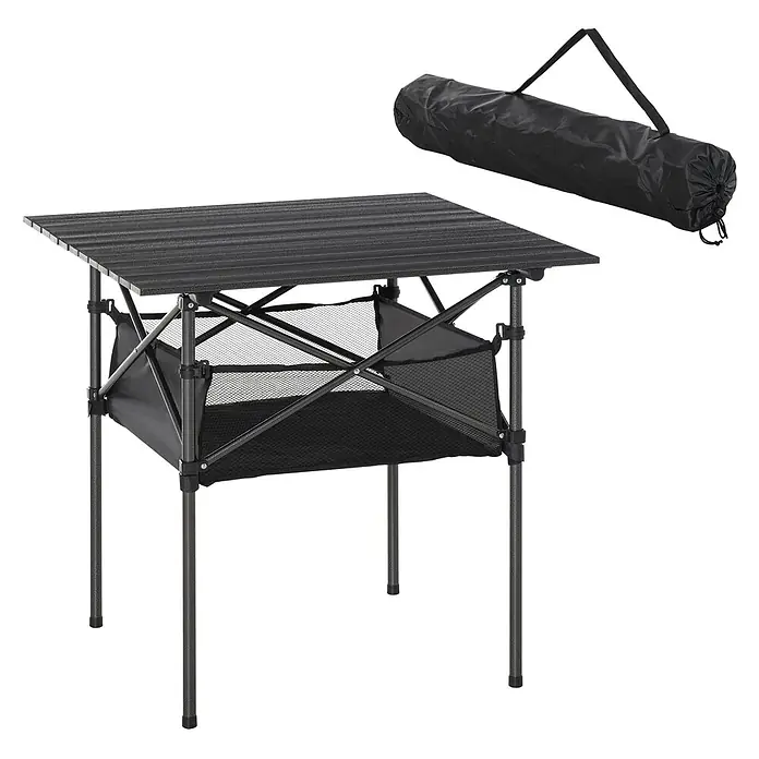 Outsunny Campingtisch - L x B x H: 70 x 70 x 69 cm, Kohlegrau, Rollbar - Schwarzer, tragbarer Campingtisch mit Lattenrostplatte und Netzaufbewahrung, dazu eine schwarze zylindrische Tragetasche mit Riemen.