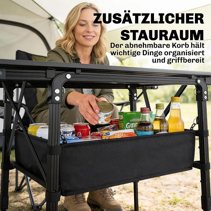 Outsunny Campingtisch - L x B x H: 90 x 55 x 66 cm, Oxford-Gewebe, Schwarz - Klappbarer Campingtisch mit abnehmbarem schwarzem Stoffkorb darunter, der Getränke und Snacks aufbewahrt.