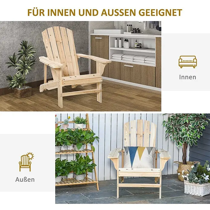 Outsunny Gartenstuhl Adirondack - Tannenholz, Naturholz - Heller Holz-Adirondackstuhl, geeignet für den Innen- und Außenbereich.