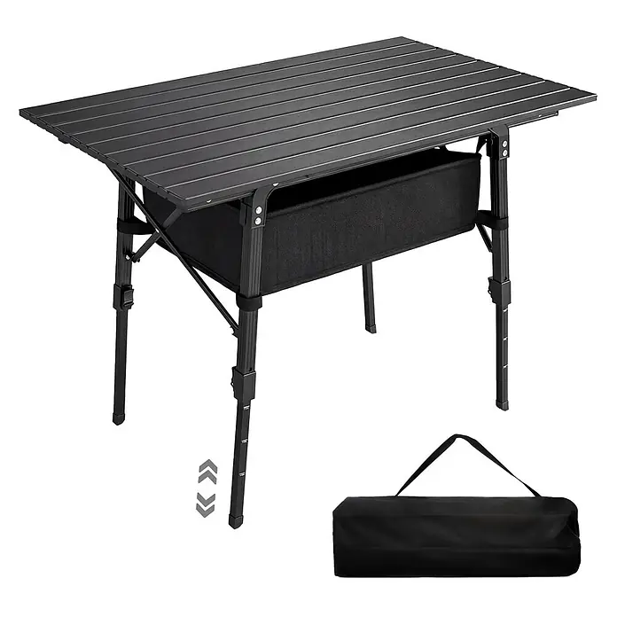Outsunny Campingtisch - L x B x H: 90 x 55 x 66 cm, Oxford-Gewebe, Schwarz - Schwarzer tragbarer Aluminium-Campingtisch mit Untertischablage, verstellbaren Beinen und Tragetasche.