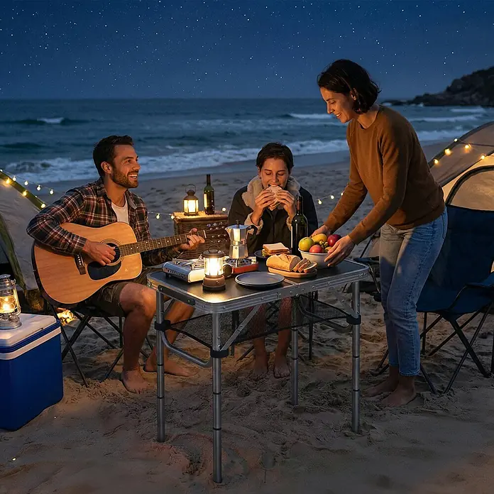 Outsunny Campingtisch - MDF (Mitteldichte Faserplatte), Schwarz - Ein tragbarer Aluminium-Campingtisch, grau mit schwarzem Netzregal, von drei Personen am Strand nachts benutzt.