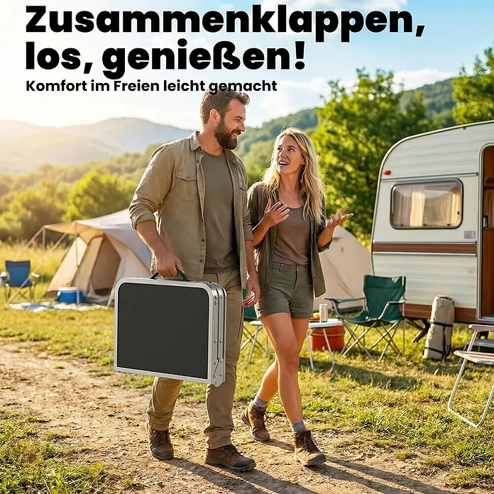 Outsunny Campingtisch - MDF (Mitteldichte Faserplatte), Schwarz - Tragbarer Klapptisch in Schwarz mit silbernen Kanten, von einem Mann auf einem Campingplatz getragen.