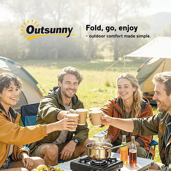 Outsunny Campingtisch - L x B x H: 90 x 55 x 66 cm, Oxford-Gewebe, Schwarz - Vier Camper genießen eine Mahlzeit, die auf einem kompakten Gaskocher zubereitet wurde, und stoßen mit Pappbechern in sonniger Natur an.