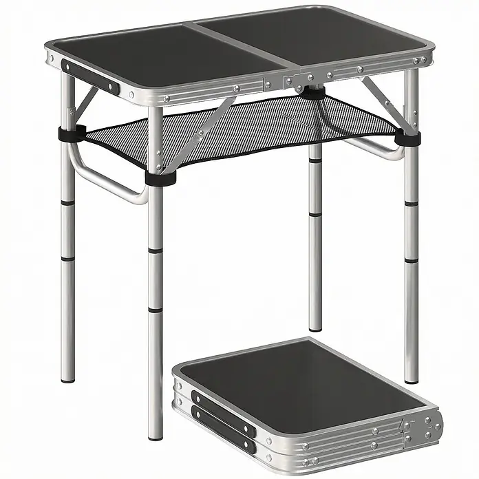 Outsunny Campingtisch - MDF (Mitteldichte Faserplatte), Schwarz - Klappbarer Campingtisch mit schwarzer Platte, silbernem Aluminiumrahmen und Netzablage, aufgebaut und zusammengeklappt.