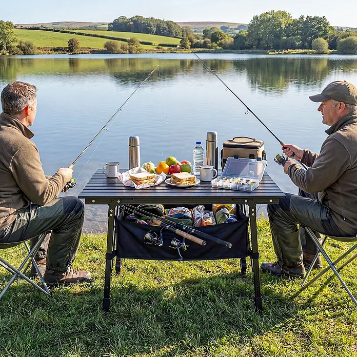 Outsunny Campingtisch - L x B x H: 90 x 55 x 66 cm, Oxford-Gewebe, Schwarz - Tragbarer schwarzer Lattenrosttisch mit integriertem Stoffstauraum, von zwei Anglern für Snacks und Angelausrüstung genutzt.