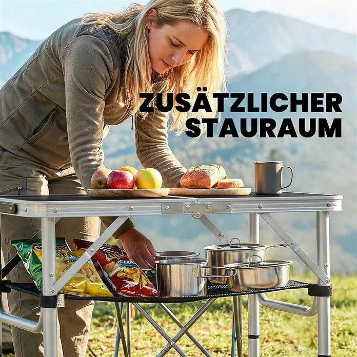 Outsunny Campingtisch - MDF (Mitteldichte Faserplatte), Schwarz - Tragbarer Campingtisch mit silbernem Gestell und schwarzer Netzablage, draußen für Essen und Kochutensilien genutzt.