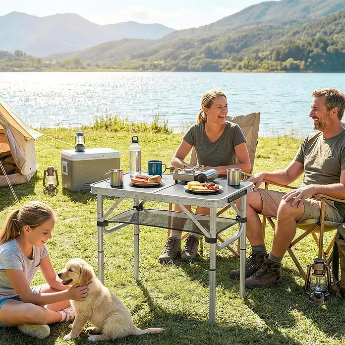 Outsunny Campingtisch - MDF (Mitteldichte Faserplatte), Schwarz - Familie campt am See, nutzt tragbaren Aluminium-Campingtisch mit schwarzer Platte und Netzablagen zum Kochen und Essen.