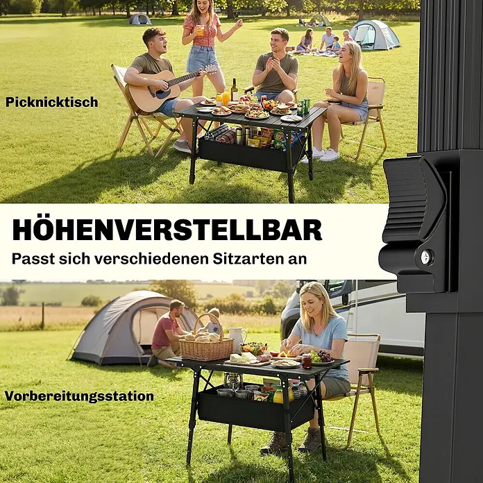 Outsunny Campingtisch - L x B x H: 90 x 55 x 66 cm, Oxford-Gewebe, Schwarz - Schwarzer, höhenverstellbarer Campingtisch mit integriertem Stauraum, für Picknicks und als Vorbereitungsstation genutzt.
