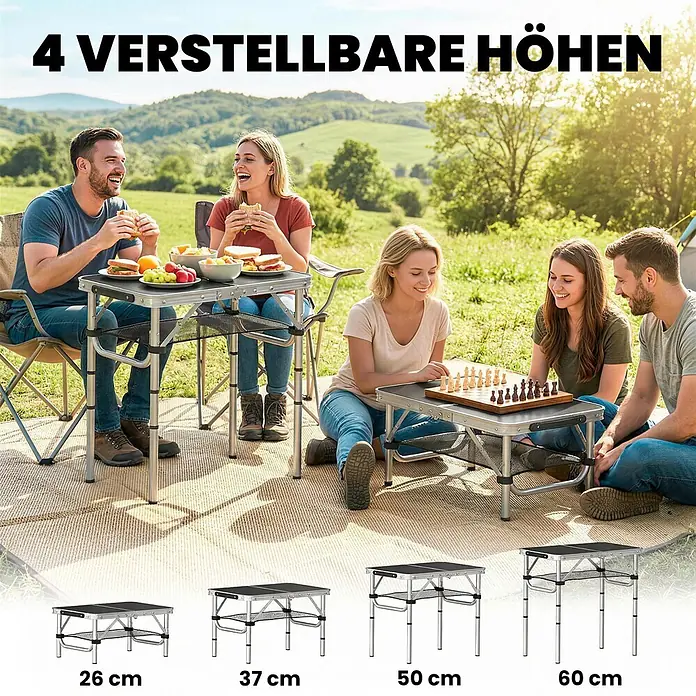Outsunny Campingtisch - MDF (Mitteldichte Faserplatte), Schwarz - Tragbarer Klapptisch in Silber/Schwarz, draußen in vier einstellbaren Höhen gezeigt: 26, 37, 50, 60 cm.