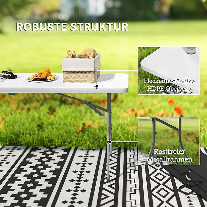Outsunny Campingtisch - L x B x H: 180 x 74 x 74 cm, HDPE, Weiß - Weißer Klapptisch mit fleckenbeständiger HDPE-Platte und rostfreiem Metallrahmen, für eine Mahlzeit im Freien aufgebaut.