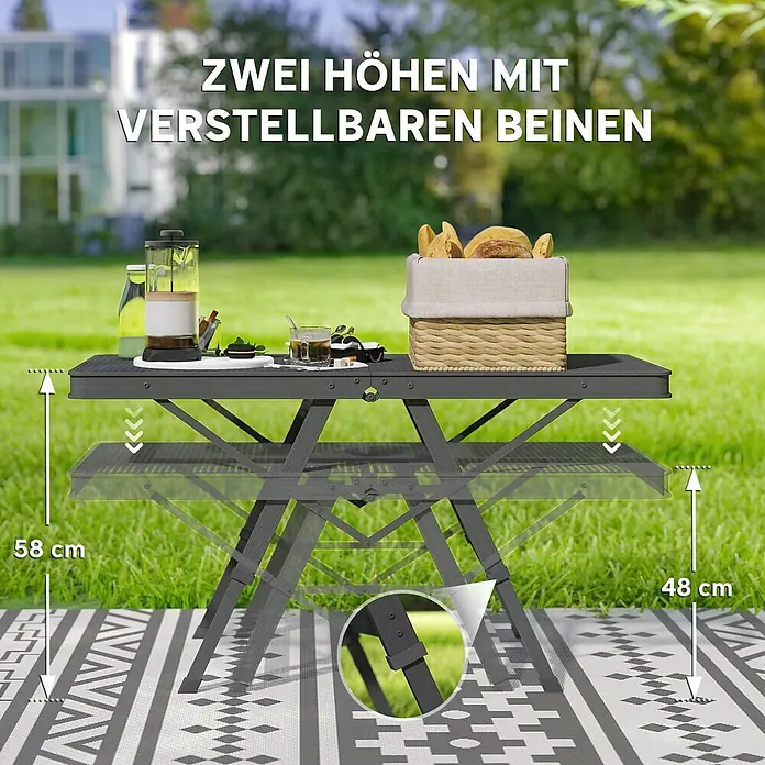 Outsunny Campingtisch - L x B x H: 90 x 40,5 x 58 cm, Schwarz - Dunkelgrauer klappbarer Outdoor-Tisch mit verstellbaren Beinen (58 cm, 48 cm) und Frühstück.
