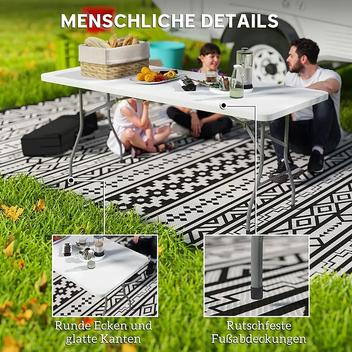 Outsunny Campingtisch - L x B x H: 180 x 74 x 74 cm, HDPE, Weiß - Weißer Klapptisch im Freien beim Picknick mit Essen und Personen. Details zeigen runde Ecken und rutschfeste Fußabdeckungen.