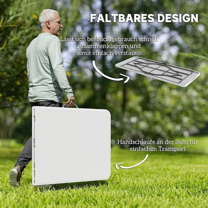Outsunny Campingtisch - L x B x H: 180 x 74 x 74 cm, HDPE, Weiß - Mann trägt weißen, zusammengeklappten Tisch im Freien, der sein faltbares Design und den Tragegurt zeigt.