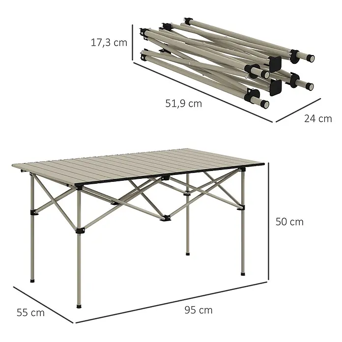 Outsunny Campingtisch - L x B x H: 95 x 55 x 50 cm, Khaki - Beiger Alu-Klapptisch, aufgebaut (95x55x50 cm) und zusammengeklappt (51,9x24x17,3 cm) für einfachen Transport.