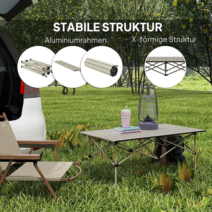 Outsunny Campingtisch - L x B x H: 95 x 55 x 50 cm, Khaki - Faltbarer Aluminium-Campingtisch mit stabiler X-Rahmenstruktur im Freien.