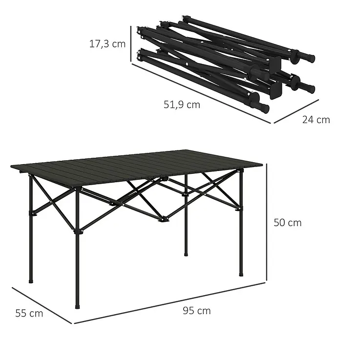 Outsunny Campingtisch - L x B x H: 95 x 55 x 50 cm, Schwarz - Schwarzer klappbarer Campingtisch, aufgebaut und kompakt zusammengeklappt mit allen Maßen dargestellt.