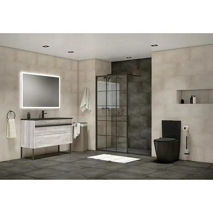Camargue Espejo con luz Astro - An x Al: 120 x 80 cm - Interior de baño moderno con lavabo, inodoro y cabina de ducha con un diseño elegante.