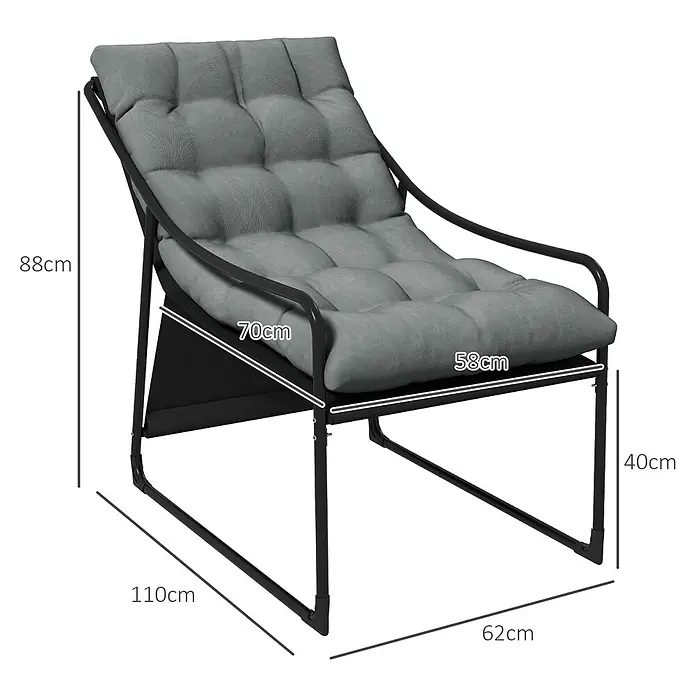 Outsunny Garten-Loungesessel - Stahl, Polyester, Grau - Grau gepolsterter Loungesessel mit stabilem schwarzem Metallrahmen.