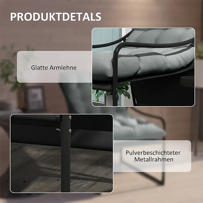 Outsunny Garten-Loungesessel - Stahl, Polyester, Grau - Details eines Outdoor-Stuhls mit glatten schwarzen Metallarmlehnen, grauen Kissen und pulverbeschichtetem Metallrahmen.