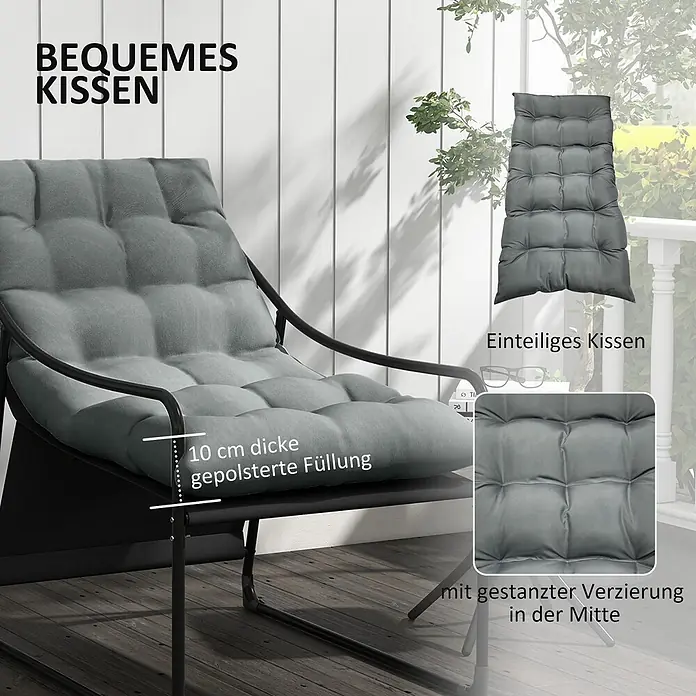 Outsunny Garten-Loungesessel - Stahl, Polyester, Grau - Graues, getuftetes einteiliges Kissen mit 10 cm dicker Polsterung für einen Liegestuhl.