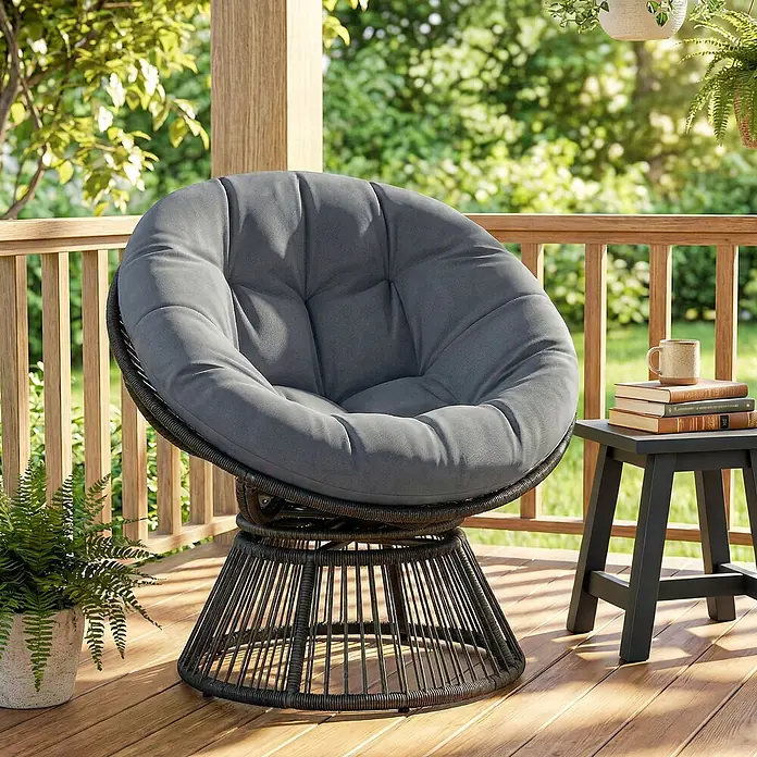 Outsunny Garten-Loungesessel - PE-Rattan, Grau - Grau gepolsterter Papasan-Sessel mit schwarzem Rattangestell auf Holzterrasse, bildet einen gemütlichen Outdoor-Loungebereich.
