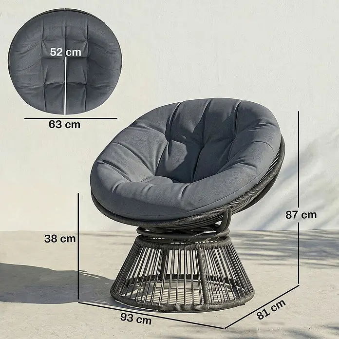 Outsunny Garten-Loungesessel - PE-Rattan, Grau - Grauer Papasan-Loungesessel mit weichem Kissen und geflochtenem Untergestell, Maße angezeigt.