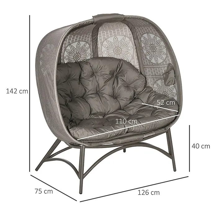 Outsunny Garten-Loungesessel - PP-Schaum, Sand - Grauer Outdoor-Eier-Lounge-Sessel mit geflochtenem Muster und üppigen Kissen auf robustem Metallrahmen.