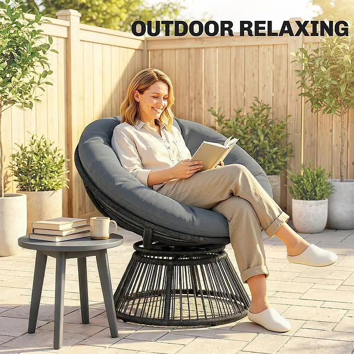 Outsunny Garten-Loungesessel - PE-Rattan, Grau - Dunkelgrauer Outdoor-Drehsessel mit Kissen aus Geflecht, zum Entspannen mit einem Buch auf der Terrasse.