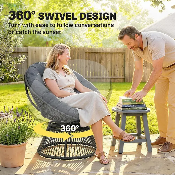 Outsunny Garten-Loungesessel - PE-Rattan, Grau - Grauer Outdoor-Drehsessel mit 360-Grad-Drehfunktion, auf einer Terrasse mit Personen dargestellt.