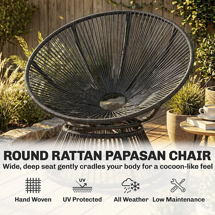 Outsunny Garten-Loungesessel - PE-Rattan, Grau - Dunkelgrauer runder Rattan-Papasan-Sessel mit breiter, tiefer gewebter Sitzfläche, ideal für draußen.