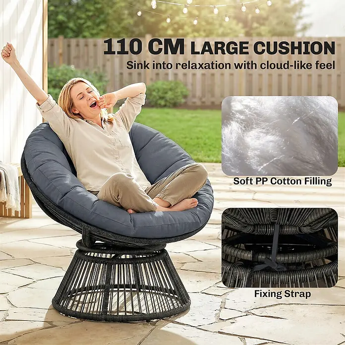 Outsunny Garten-Loungesessel - PE-Rattan, Grau - Großer Outdoor-Loungesessel mit 110 cm dunkelgrauem Kissen, mit entspannter Frau, weicher Füllung und Befestigungsband.