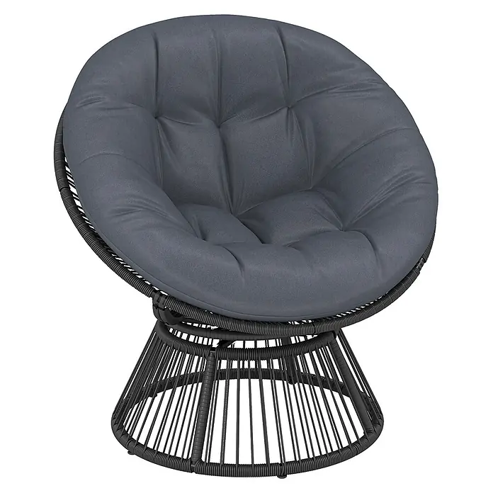 Outsunny Garten-Loungesessel - PE-Rattan, Grau - Runder Papasan-Loungesessel aus schwarzem Korbgeflecht mit dickem, getuftetem dunkelgrauem Kissen.