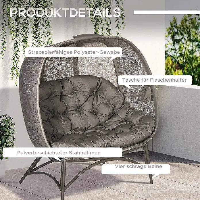 Outsunny Garten-Loungesessel - PP-Schaum, Sand - Grauer eiförmiger Loungesessel mit bequemem Kissen und Stahlrahmen, für den Außenbereich geeignet.