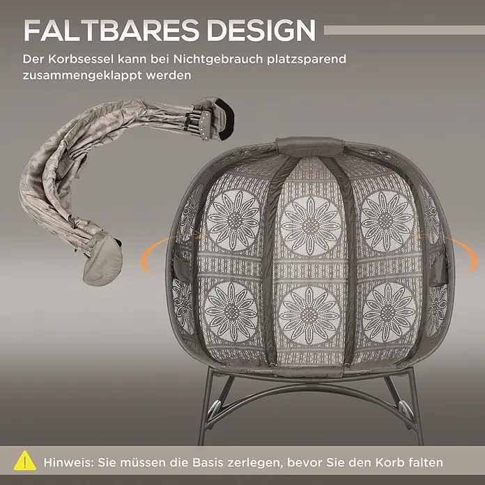 Outsunny Garten-Loungesessel - PP-Schaum, Sand - Grauer Korbsessel mit Webmuster, faltbares Design, zur platzsparenden Aufbewahrung teilweise zusammengeklappt dargestellt.