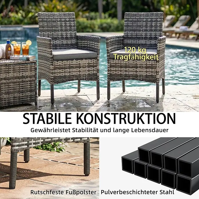 Outsunny Garten-Loungesessel - PE-Rattan, Grau, B x T x H: 58 x 58 x 87 cm - Graue Rattan-Gartenstühle mit Kissen, stabile Konstruktion, rutschfeste Füße, pulverbeschichteter Stahlrahmen und 120 kg Tragfähigkeit.