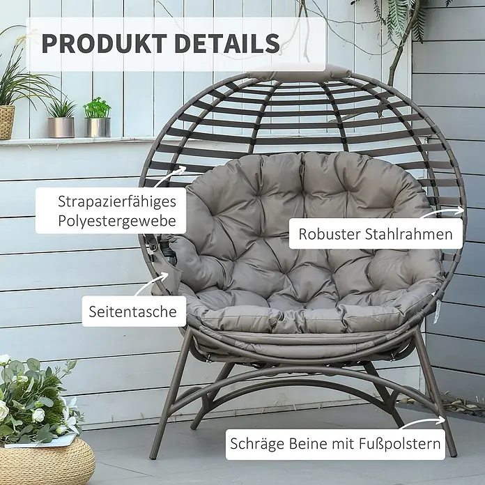 Outsunny Garten-Loungesessel - Sand - Bequemer, grauer Eier-Lounge-Stuhl aus Stahl mit Plüschkissen auf einer Terrasse.