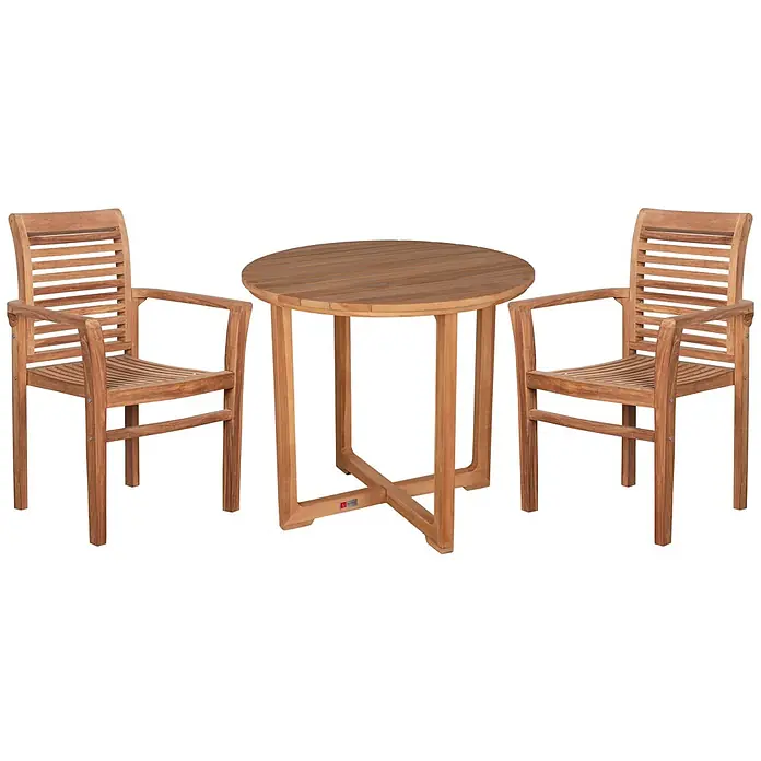 Gartenmöbelset Stapelsessel Derby & Tisch Retford -  - Hellbraune, gelattete Gartengarnitur aus Holz mit rundem Tisch und zwei Armlehnstühlen.