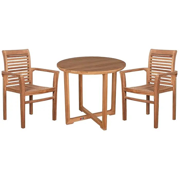 Gartenmöbelset Stapelsessel Derby & Tisch Retford -  - Hölzernes Bistro-Set für den Außenbereich mit rundem Lattenrosttisch und zwei passenden Lattenrostsesseln.