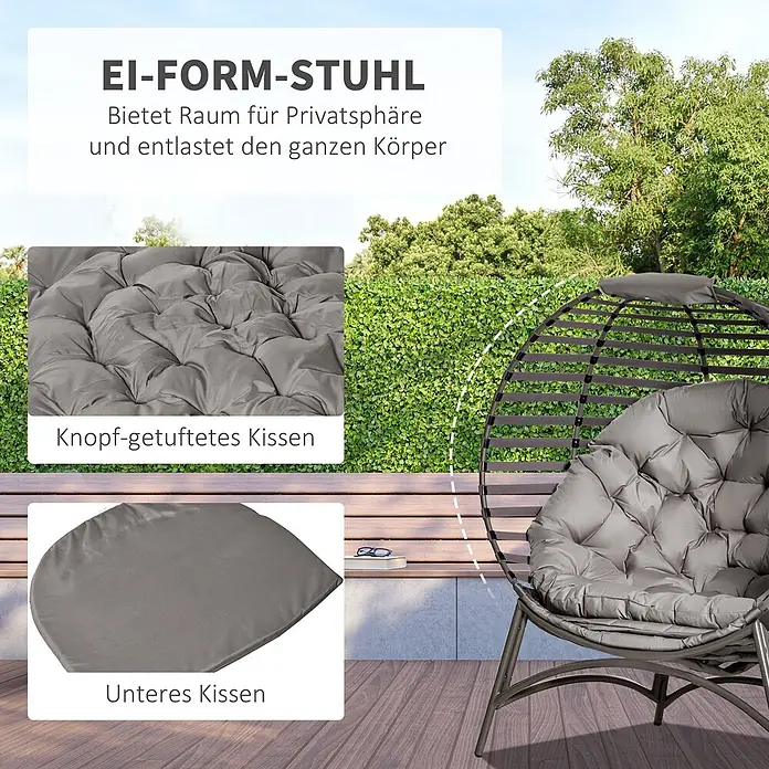 Outsunny Garten-Loungesessel - Sand - Grauer Eierstuhl für draußen mit bequemen Kissen auf einer Holzterrasse im Garten.