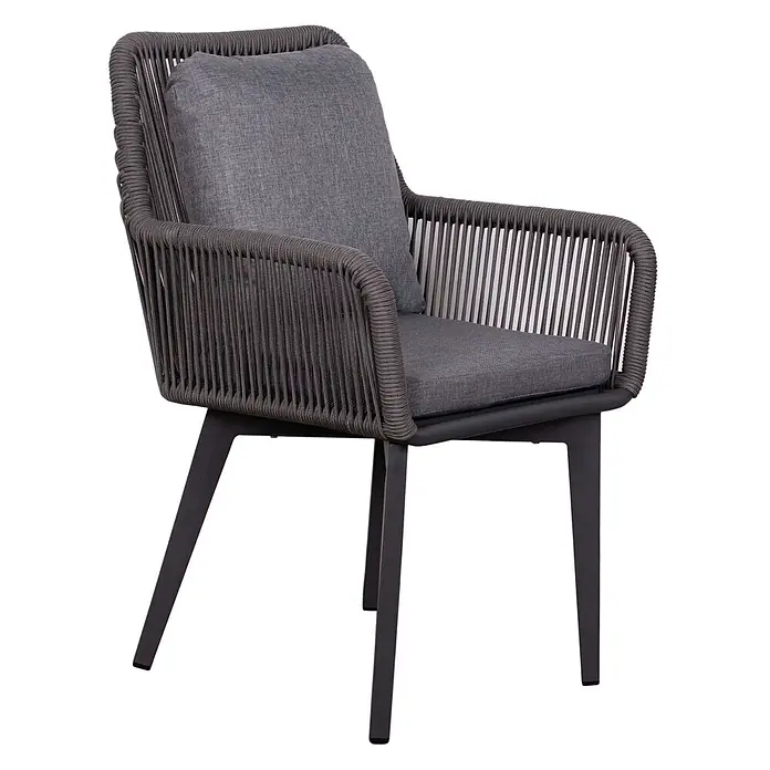 Bene Living Gartentisch-Set Marbella mit Tisch Granada - Gesamtumfang: 5 -tlg., Gestell aus pulverbeschichtetem Aluminium, Tischplatte aus gesintertem Stein (Keramik), Sitzfläche mit Rope-Bespannung (Textil/Kunststoffgemisch). - Dunkelgrauer Esszimmerstuhl aus Seilgeflecht mit grauen Stoffkissen und dunklen Metallbeinen.
