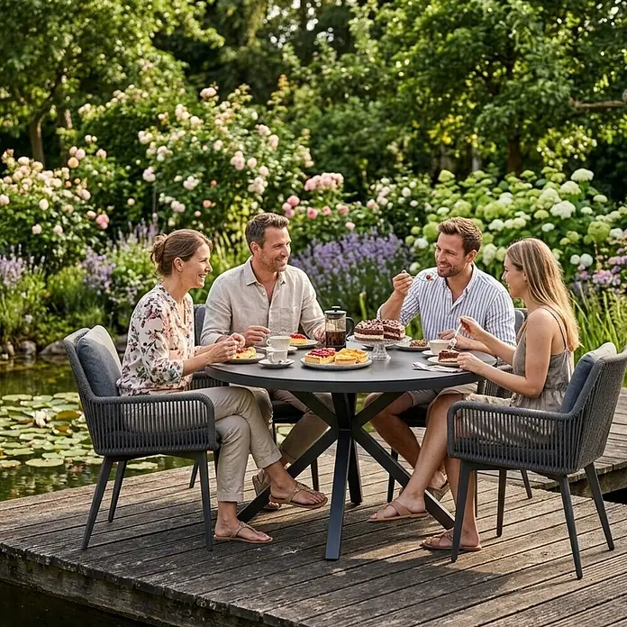 Bene Living Gartentisch-Set Marbella mit Tisch Almeria - Gesamtumfang: 5 -tlg., Gestell aus pulverbeschichtetem Aluminium, Tischplatte aus gesintertem Stein (Keramik), Bespannung aus Rope (Textilgemisch) - Runder dunkelgrauer Gartentisch mit vier passenden Stühlen, auf dem vier Personen auf einem Holzdeck Kuchen essen.