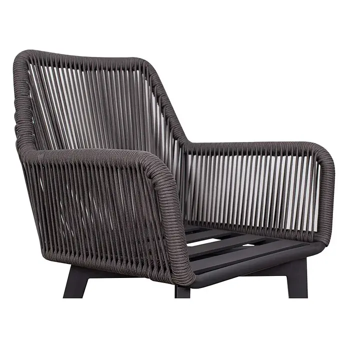 Bene Living Gartentisch-Set Marbella mit Tisch Granada - Gesamtumfang: 5 -tlg., Gestell aus pulverbeschichtetem Aluminium, Tischplatte aus gesintertem Stein (Keramik), Sitzfläche mit Rope-Bespannung (Textil/Kunststoffgemisch). - Dunkelgrauer Outdoor-Sessel mit Seilgeflecht an Rücken und Armlehnen, Lattenrost.