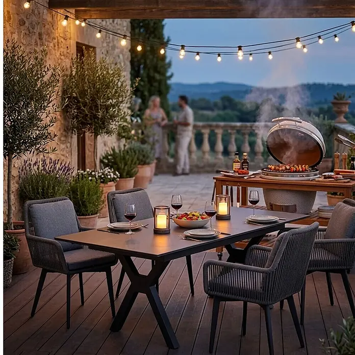 Bene Living Gartentisch-Set Marbella mit Tisch Granada - Gesamtumfang: 5 -tlg., Gestell aus pulverbeschichtetem Aluminium, Tischplatte aus gesintertem Stein (Keramik), Sitzfläche mit Rope-Bespannung (Textil/Kunststoffgemisch). - Dunkler Rechtecktisch mit X-Beinen, dunkelgraue seilgeflochtene Stühle als Essgruppe, beleuchtet von Lichterketten und Laternen auf Terrasse.
