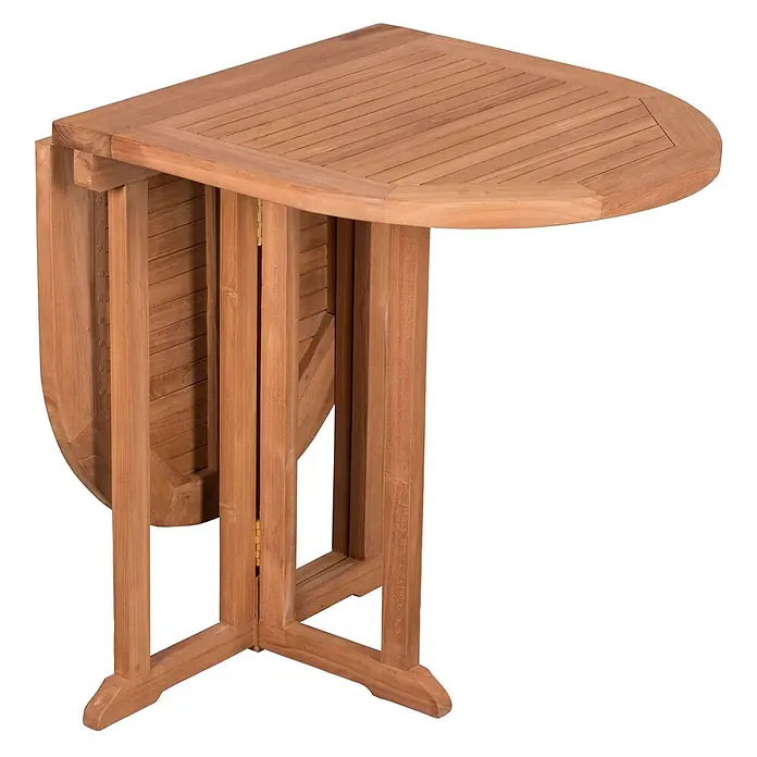 Bene Living Gartentisch-Set Andover & Tisch Balcony - Gesamtumfang: 3 -tlg., Teakholz, Klappbar - Hellbrauner Klapptisch aus Holz mit einer heruntergeklappten Tischplatte.