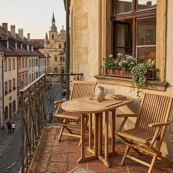 Bene Living Gartentisch-Set Andover & Tisch Balcony - Gesamtumfang: 3 -tlg., Teakholz, Klappbar - Teakholz-Gartenset mit ovalem Tisch und zwei Stühlen auf einem Balkon mit Blick auf eine europäische Straße.
