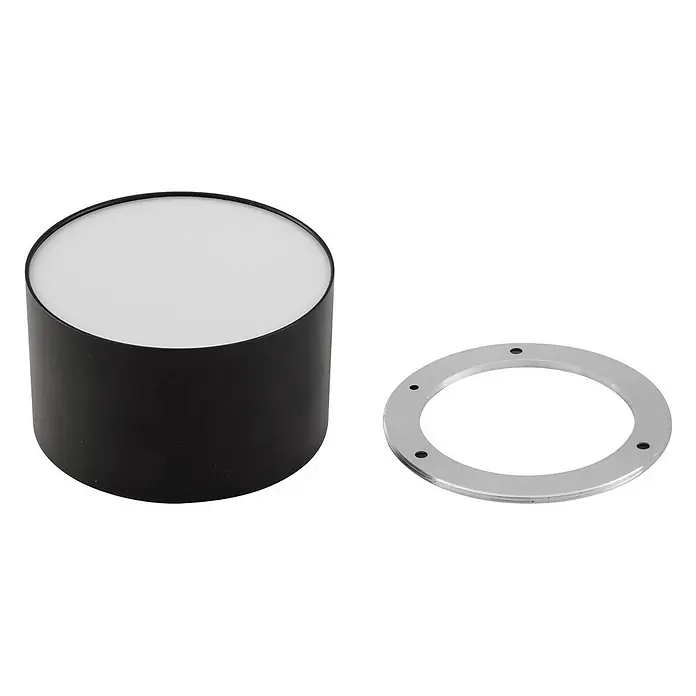 Lindby Deckenstrahler Nivoria - schwarz - Schwarz-zylindrische Leuchte mit weißem Diffusor und separatem silbernen Montagering für Einbauleuchten.