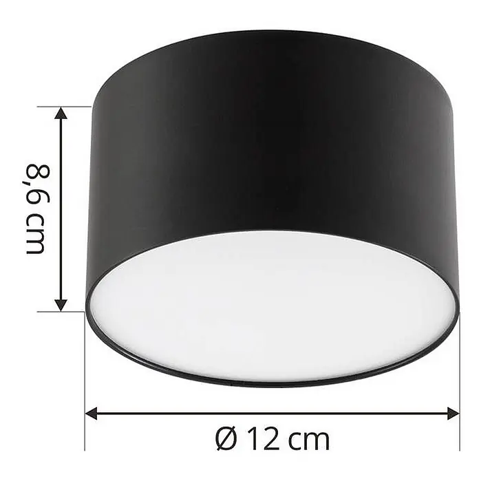 Lindby Deckenstrahler Nivoria - schwarz - Schwarzer zylindrischer Deckenstrahler mit weißem Diffusor, 8,6 cm hoch, 12 cm Durchmesser.