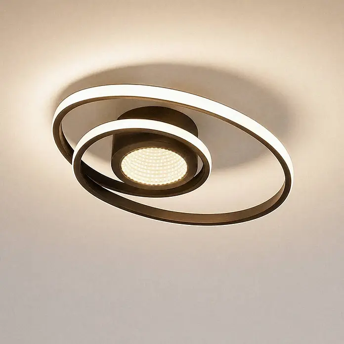 Lindby Deckenleuchte Thalina - L x B x H: 45 x 45 x 12,5 cm, schwarz, schwarz - Moderne bronzefarbene Deckenleuchte mit zwei beleuchteten Spiralringen und zentralem Downlight.
